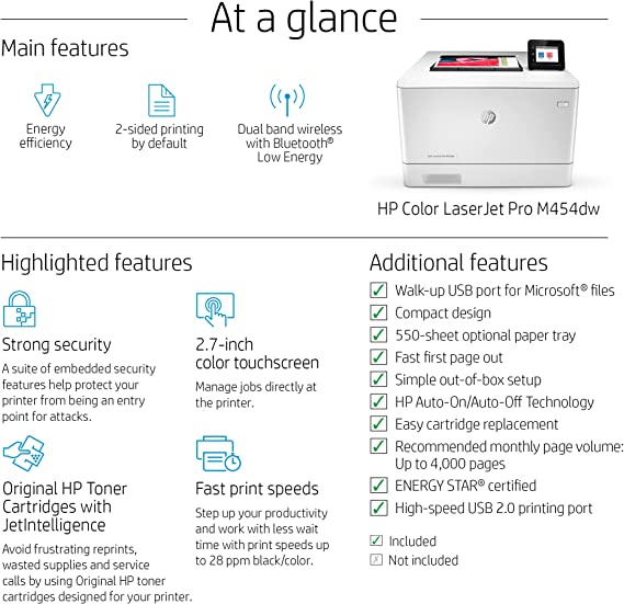 طابعة ألوان HP Color LaserJet Pro M454dw‎ سرعة طباعة تصل إلى 28 صفحة في الدقيقة - اللون: أبيض